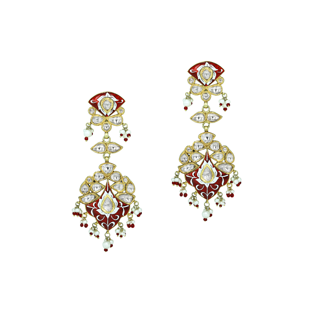 Polki Earrings with Red Enamel and Pearl Cascades
